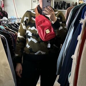 Valentina Genuine Leather Red Sling Bag Backpack with Tan Straps Made in Italy